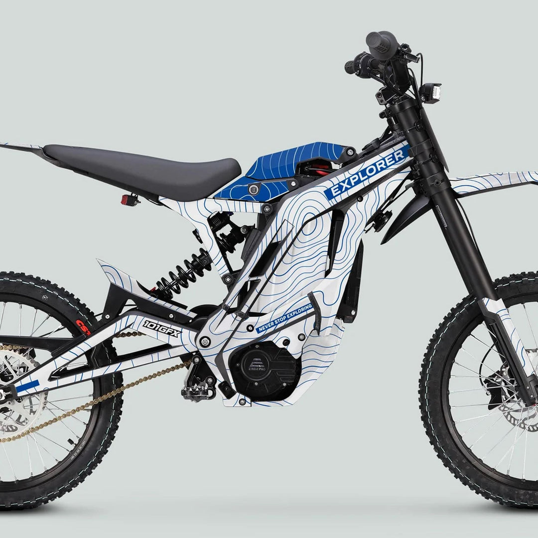 E Ride Pro SS Graphics Kit EXPLORER White Blue on a full-suspension electric bike, showcasing its stylish topographic design and durable application on the frame.