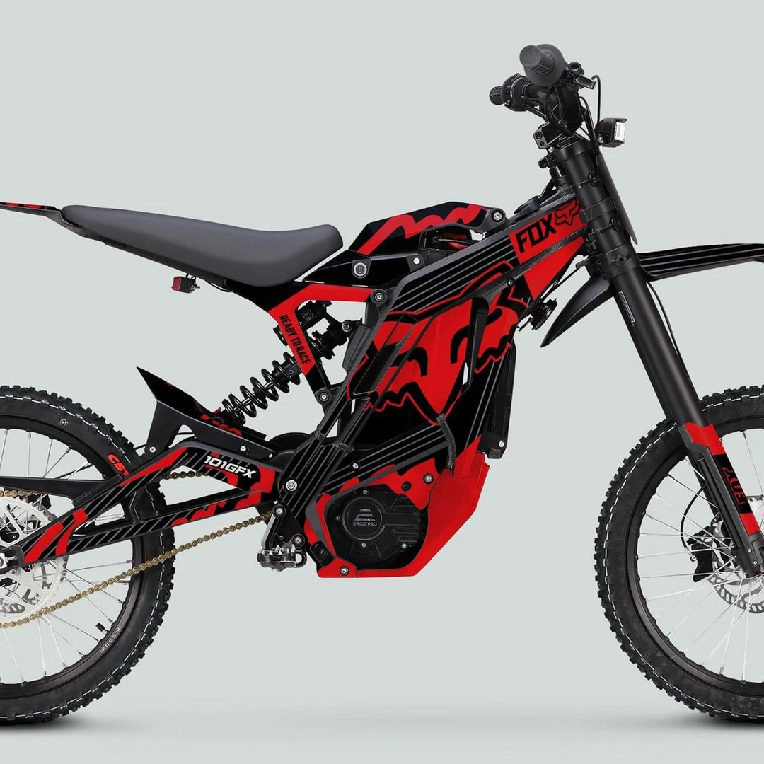 E Ride Pro SS Graphics Kit FOX R Stripes Black Red on an off-road electric dirt bike, showcasing aggressive style with durable, easy-to-apply decals for the E RIDE PRO SS model.