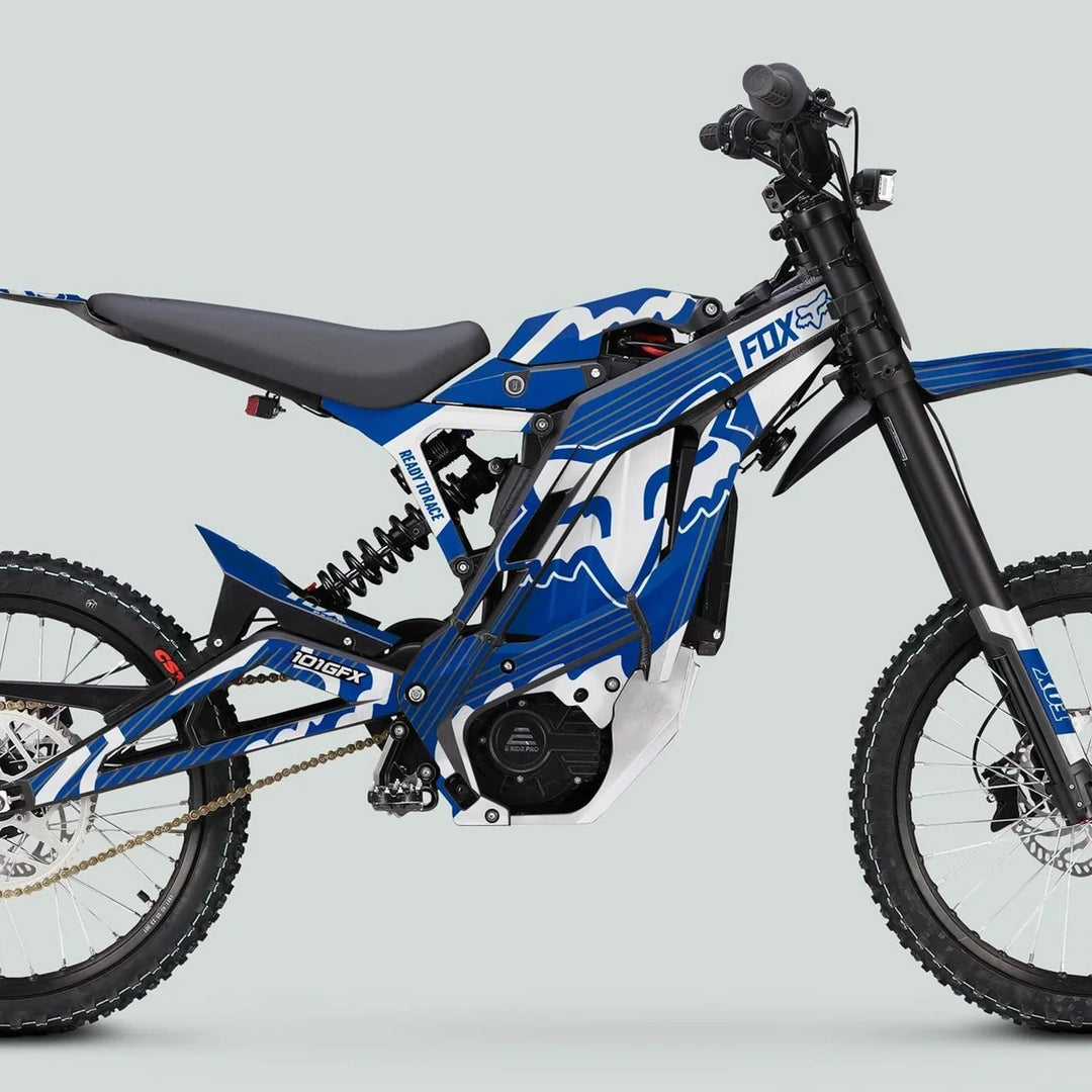 E Ride Pro SS Graphics Kit FOX R Stripes Blue White on electric dirt bike with FOX logo, enhancing style with precision-cut decals for E Ride Pro SS models.