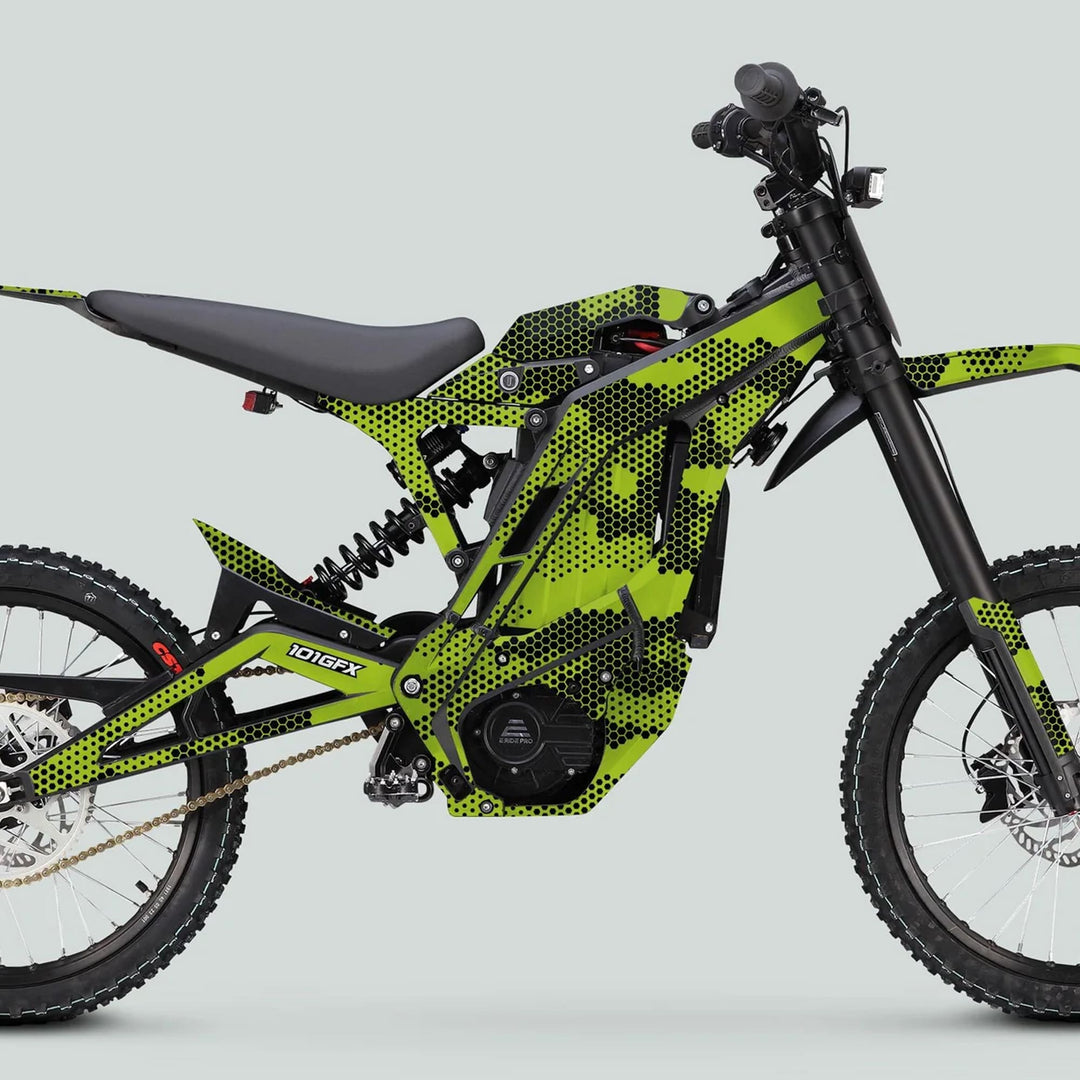 Off-road electric dirt-bike featuring the E Ride Pro SS Graphics Kit HEXOCAM GREEN, showcasing high-rise handlebars, knobby tires, and durable, modern HEXOCAM design.