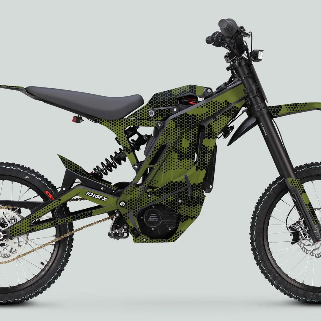 Side profile of an electric off-road motorcycle with the E Ride Pro SS Graphics Kit HEXOCAM OLIVE, showcasing green-and-black camo graphics and rugged tires.
