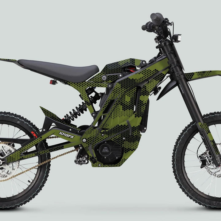 Side profile of an electric off-road motorcycle with the E Ride Pro SS Graphics Kit HEXOCAM OLIVE, showcasing green-and-black camo graphics and rugged tires.