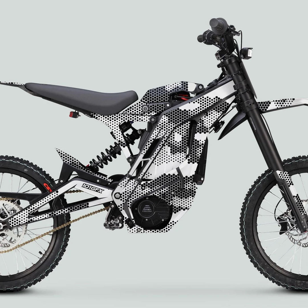 E Ride Pro SS Graphics Kit HEXOCAM WHITE on electric dirt bike, showcasing BMX-style frame, central motor, and knobby tires with a unique hex-dot camo finish.