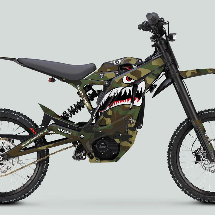 E Ride Pro SS Graphics Kit MILITARY SHARK Camo: green camo e-bike with shark-mouth graphic, knobby tires, suspension forks, slim seat, conveying adventure and boldness.