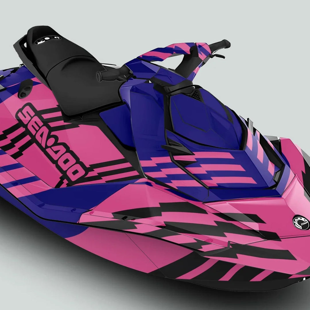 Sea Doo Spark Graphics Kit FAST BLAUER PINK, showcasing a vibrant pink and purple wrap on a jet ski's front/side, seat, and handlebars.