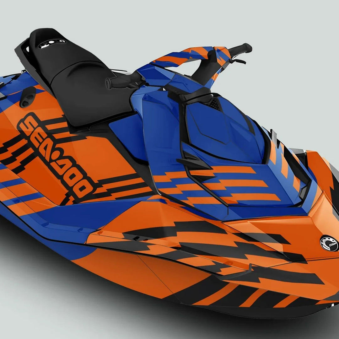 Sea Doo Spark Graphics Kit FAST BLUE ORANGE, featuring bold angular stripes, padded seat, and handlebars, offers vibrant personalization and protection for Sea Doo watercraft.