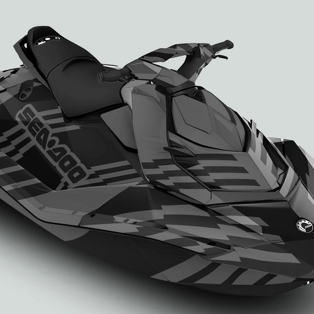 Sea Doo Spark Graphics Kit FAST GREY BLACK featuring a black-and-grey geometric camo wrap, highlighting contoured hull, deck panels, stepped seat, and handlebars.