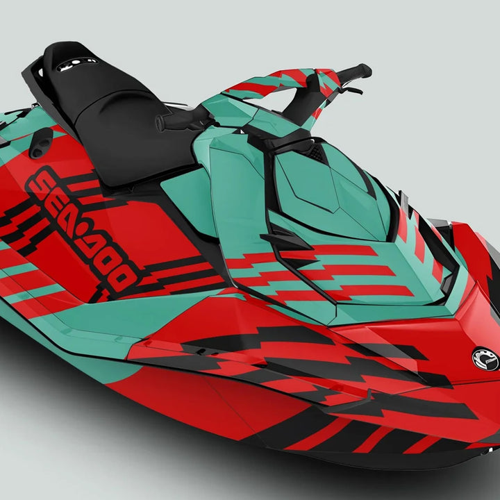 Sea-Doo Spark jet ski with custom FAST MINT RED graphics kit, featuring vibrant red, teal, and black wrap, black seat, and handlebars.