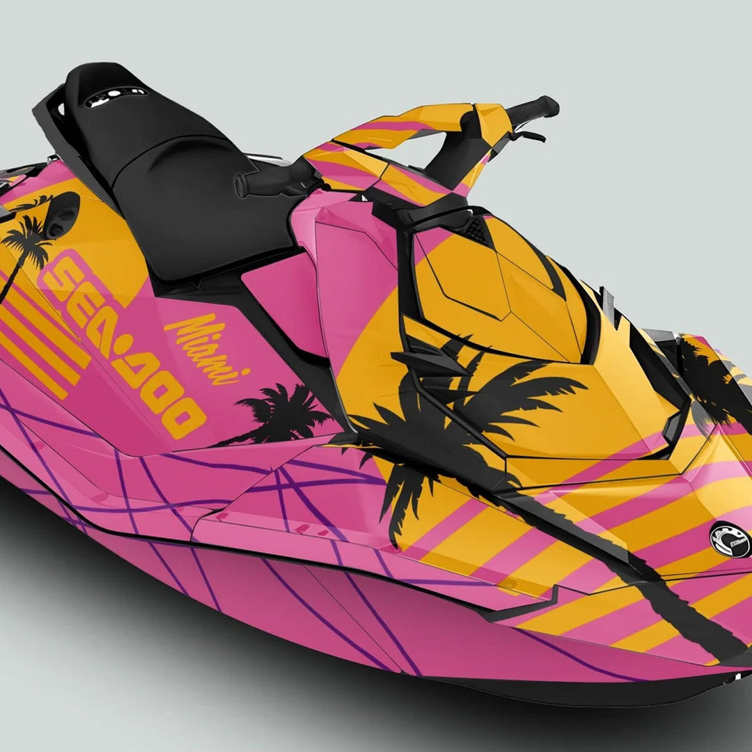 Sea Doo Spark Graphics Kit MIAMI PINK YELLOW on a jet ski, featuring vibrant palm-tree silhouettes for a fun, tropical aesthetic, enhancing watercraft personalization.