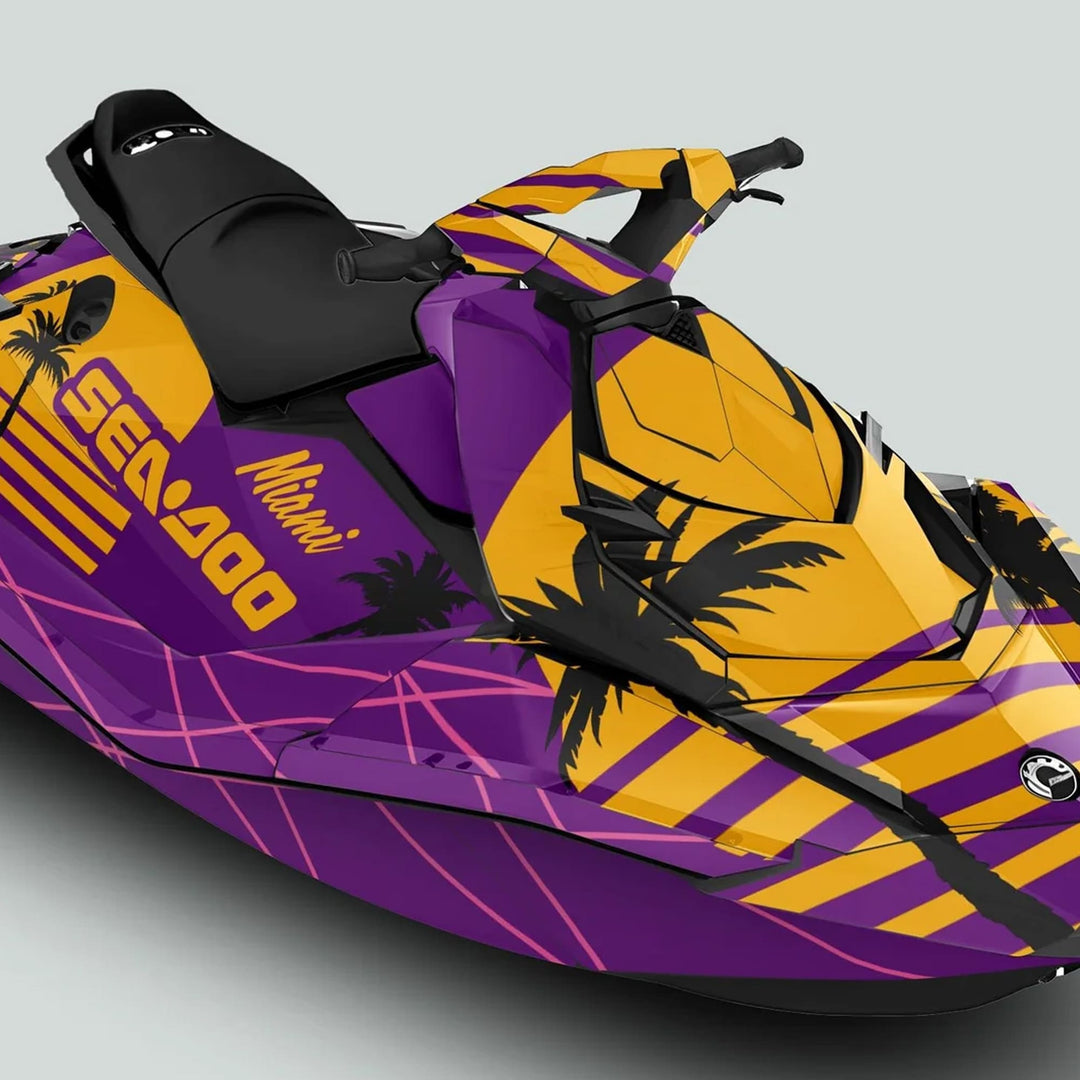 Sea Doo Spark Graphics Kit MIAMI PURPLE YELLOW featuring palm-tree silhouettes and stripes, enhancing aesthetics and durability for your watercraft with a custom fit.