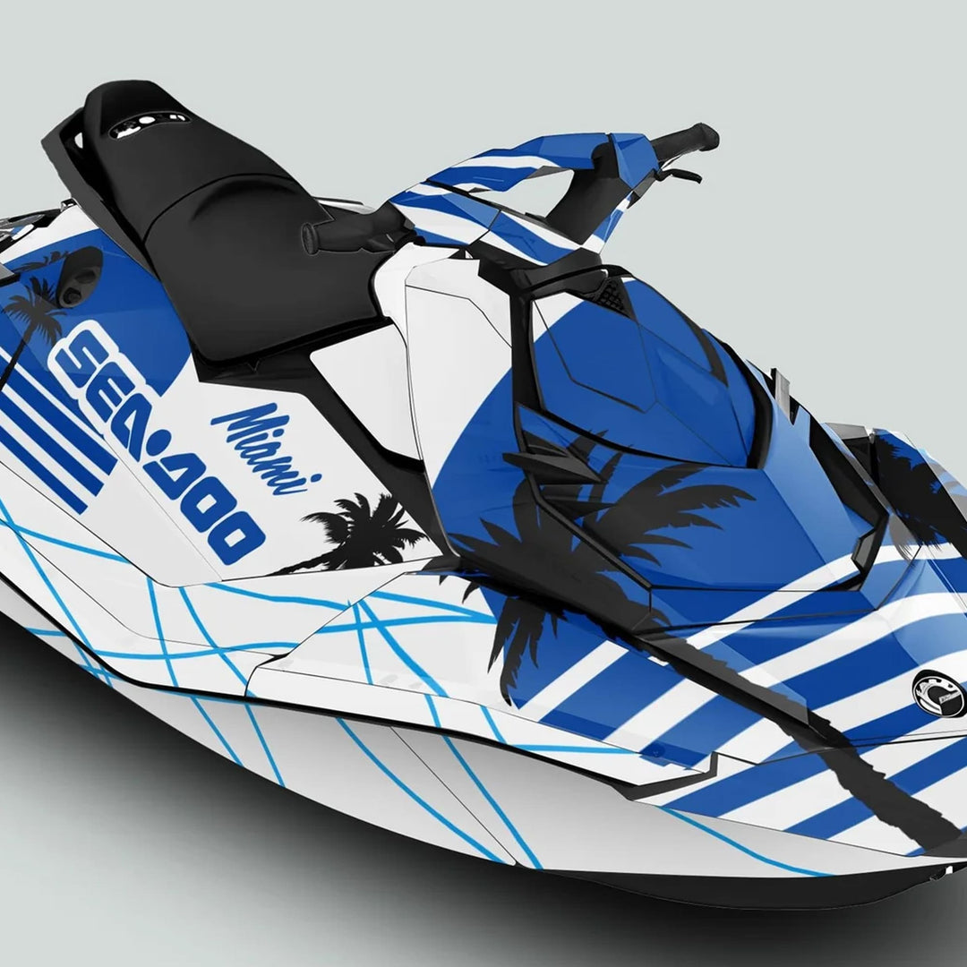 Sea Doo Spark Graphics Kit MIAMI WHITE BLUE with a blue-and-white palm-tree silhouette design on a personal watercraft, enhancing style and visibility on water.