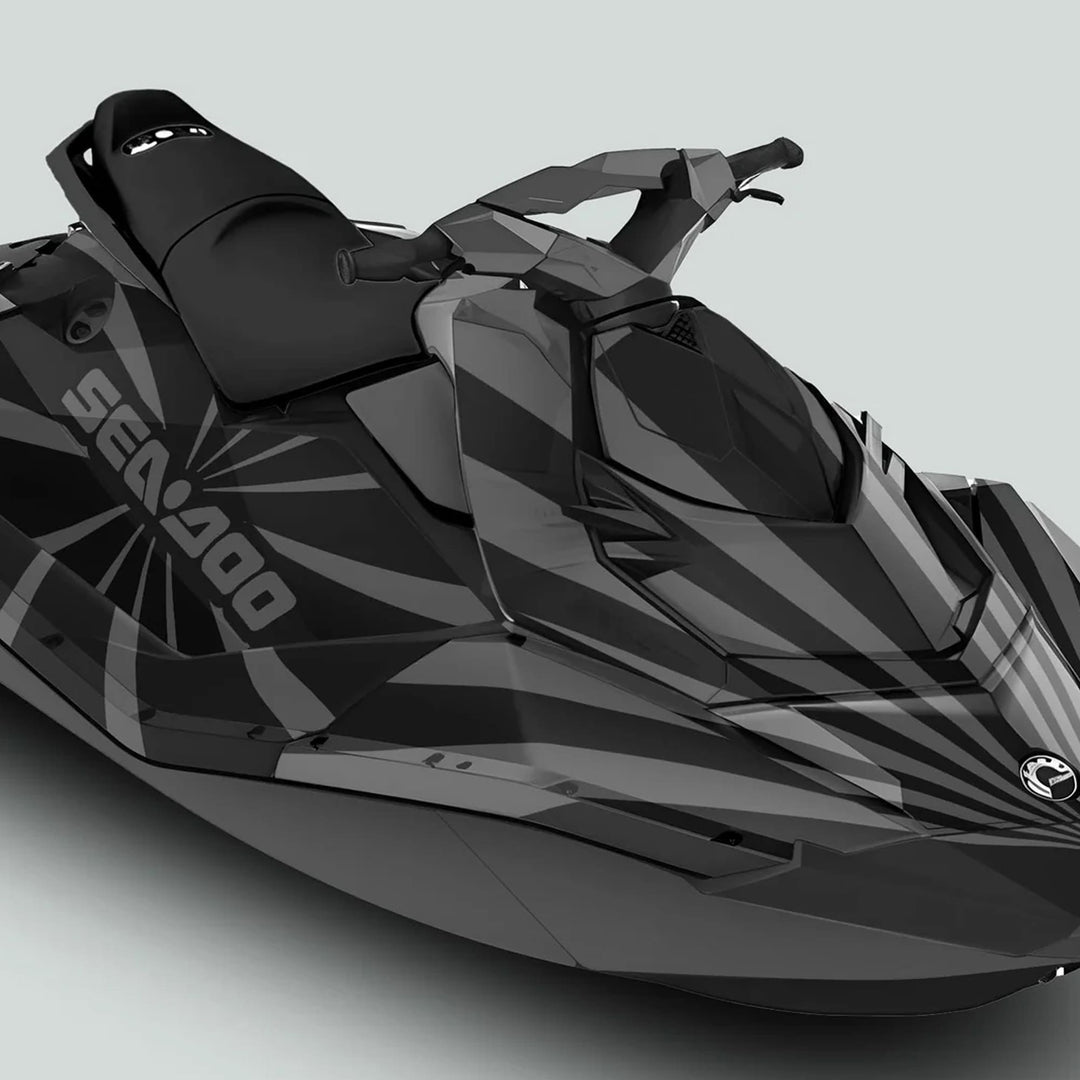 Sea Doo Spark Graphics kit RAYS BLACK GREY on jet ski with angular patterns, enhancing aesthetics and durability of the watercraft.