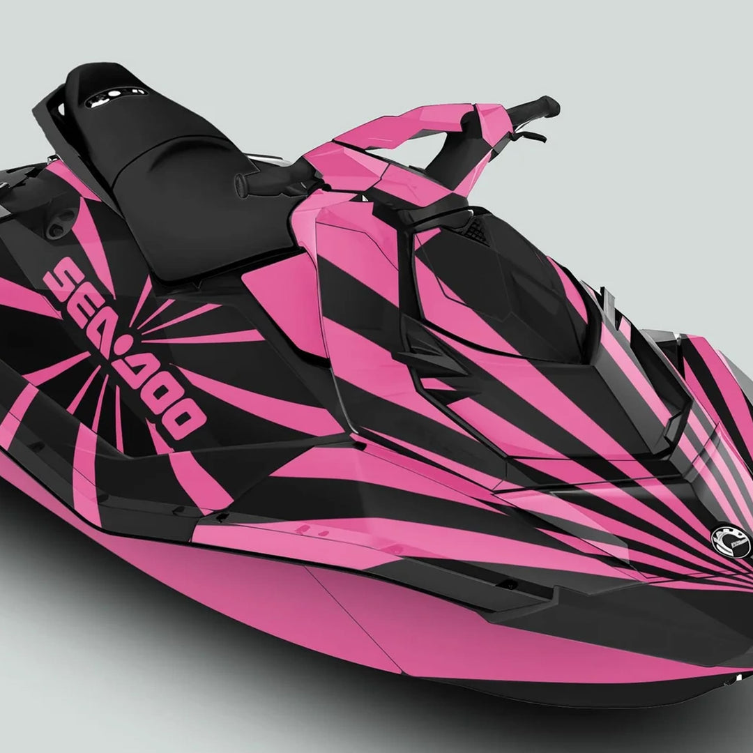 Sea Doo Spark Graphics kit RAYS BLACK PINK on jet ski, featuring bold geometric design with visible Sea-Doo logo, handlebars, and rider’s seat.