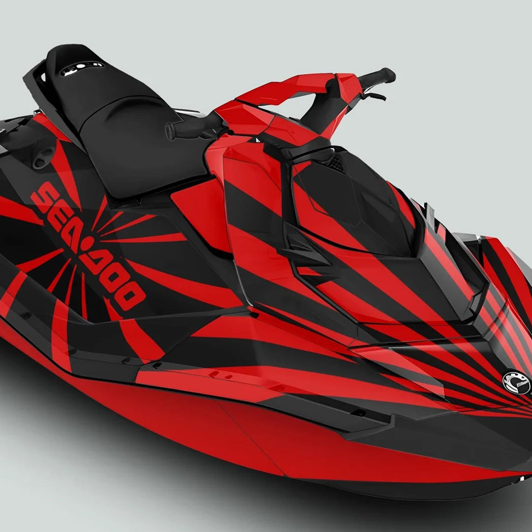 Sea Doo Spark Graphics Kit RAYS BLACK RED on a jet ski, featuring bold sunburst graphics, enhancing style and durability for Sea Doo Spark models.
