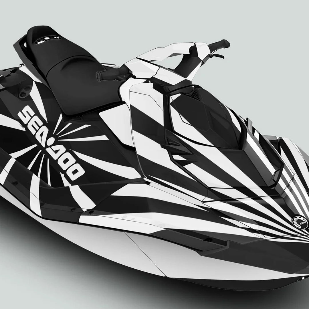 Sea Doo Spark with RAYS BLACK WHITE Graphics Kit, showcasing zebra stripes, Sea-Doo logo, seat, and handlebars, enhancing style and durability on the water.