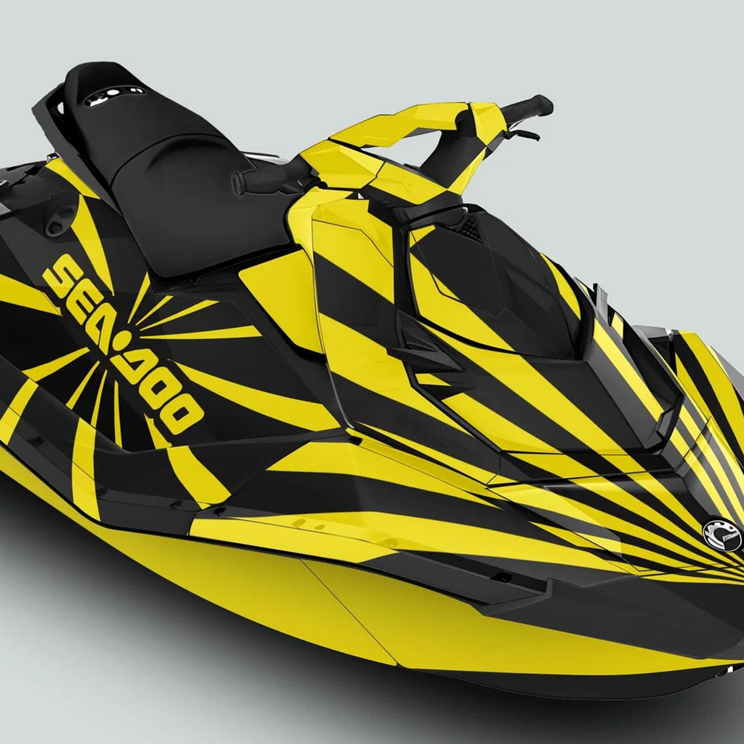Sea Doo Spark jet ski with RAYS BLACK YELLOW graphics, featuring bold black-and-yellow design, rider's seat, handlebars, and Sea-Doo logo on the side.