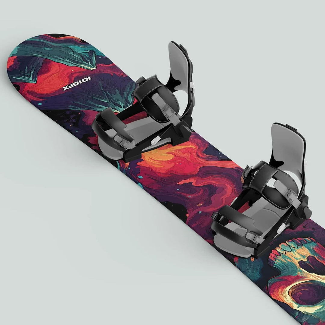 Snowboard with MOUNTAIN SOUL sticker skin decals, featuring vivid abstract graphics and mounted black-gray bindings, enhancing style and protection for snowboarding enthusiasts.