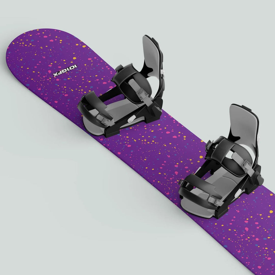 Snowboard Wrap SPLATS PURPLE featuring a vibrant purple base with yellow, pink, and blue splatters, fitted with black bindings for standout style and protection.