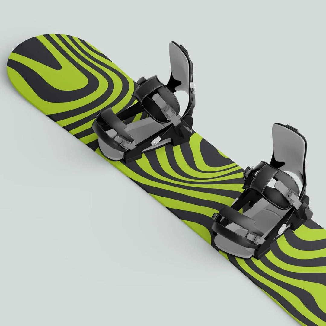 Snowboard with WAVY BLACK GREEN design and adjustable bindings, showcasing durable vinyl wrap for a personalized, stylish, and protective touch on the slopes.