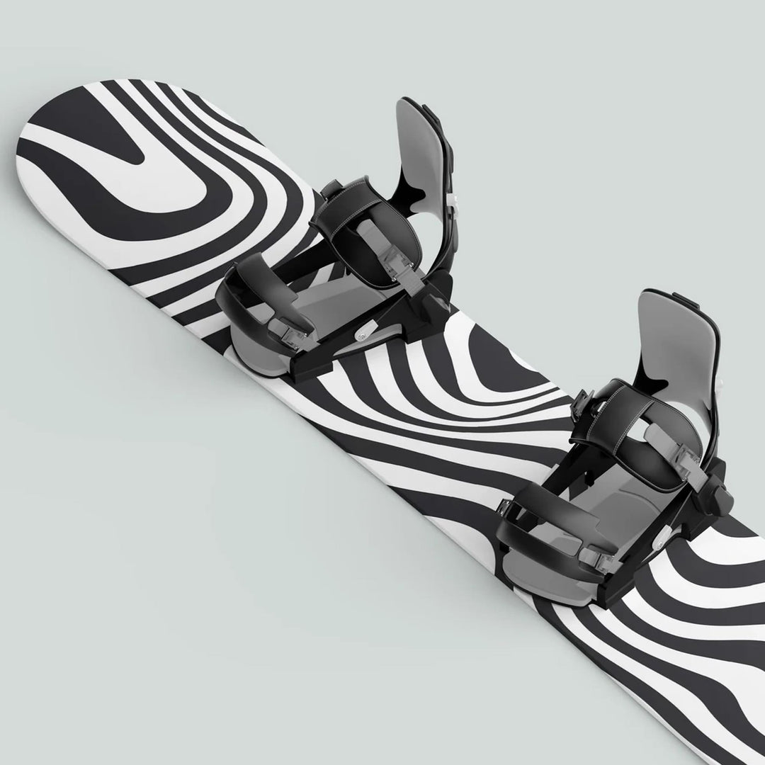 Snowboard Wrap WAVY BLACK WHITE features a zebra motif, showcasing adjustable black bindings with gray padding, enhancing style and protection for your snowboard.
