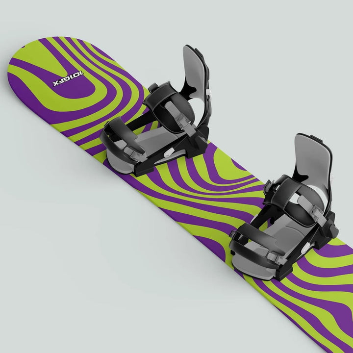Snowboard with WAVY GREEN PURPLE sticker skin, featuring bright stripes and black bindings, enhancing style and protection for winter sports enthusiasts.