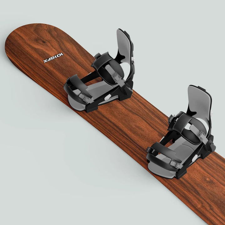 Snowboard Wrap WOOD WALNUT with wood-grain top sheet and black adjustable bindings; enhances style and protection with a unique walnut finish.