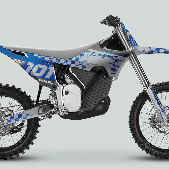 Stark Varg Graphics Kit RACE BLUE Grey Decals Stickers on an electric dirt-bike, showcasing durable, laminated, vibrant design with logos, tailored for Stark Future Varg model.