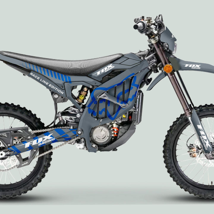 Surron Ultra Bee electric bike with FOX RACE LINE grey and blue graphics kit and durable decals