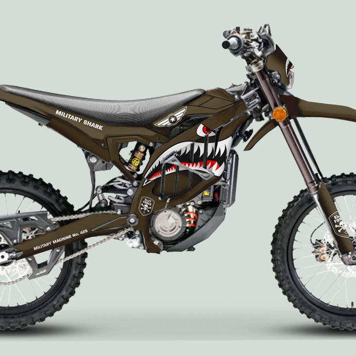 Surron Ultra Bee Graphics Kit MILITARY SHARK: Custom military-inspired dirt bike wrap with shark-mouth graphic, durable camo pattern, and unique insignia for enhanced style and protection.