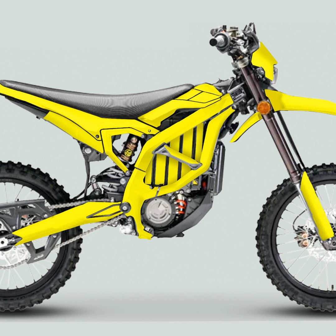 Surron Ultra Bee Graphics Kit SOLID COLOR YELLOW on off-road electric dirt-bike, showcasing durable, precision-fit vinyl for a vibrant aesthetic.