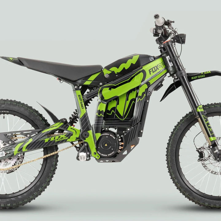 Talaria Sting MX3 MX4 Graphics Kit FOX STRIPES Black Green enhances an electric dirt bike with vibrant decals, featuring durable vinyl and a custom fit for easy application.