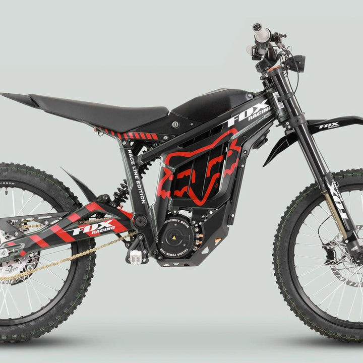 Fox Racing Race Line Edition electric dirt bike with full suspension, knobby tires, disc brakes, and Fox Racing logo, showcasing the Talaria Sting MX3 MX4 Graphics Kit.