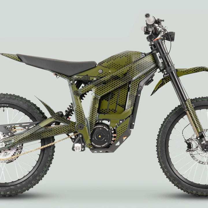 Talaria Sting MX3 MX4 Graphics Kit HEXOCAM Olive on a full-suspension electric dirt bike, showcasing its vibrant design and durable, weather-resistant finish for off-road enthusiasts.