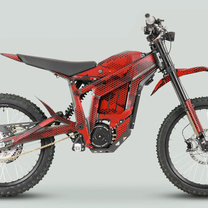 Talaria Sting MX3 MX4 Graphics Kit HEXOCAM Red on a red electric dirt bike, showcasing knobby tires, full-suspension, and durable, stylish decals for personalized protection.