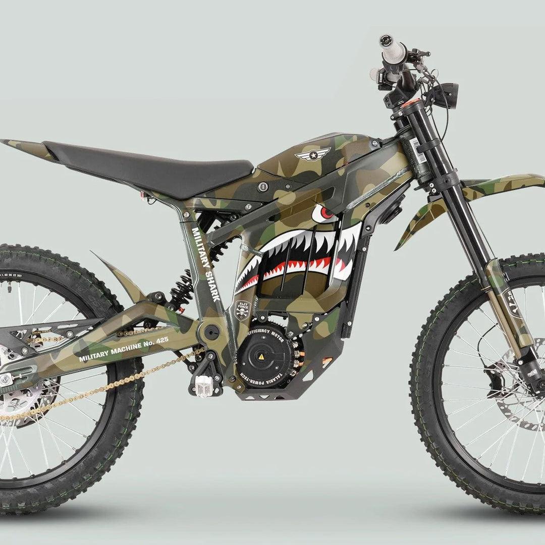 Talaria Sting MX3 MX4 Graphics Kit MILITARY SHARK CAMO on camo-painted electric dirt bike with shark-mouth graphic, full suspension, and motocross features.