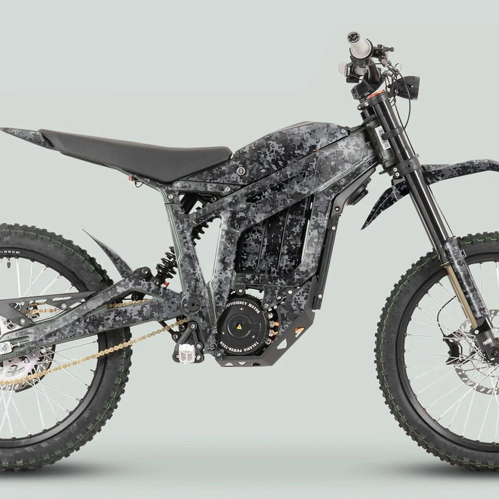 Side profile of Talaria Sting MX3 MX4 Graphics Kit SQUARE TEK Grey on an electric off-road motorcycle, showcasing sleek digital-camo pattern and rugged components.