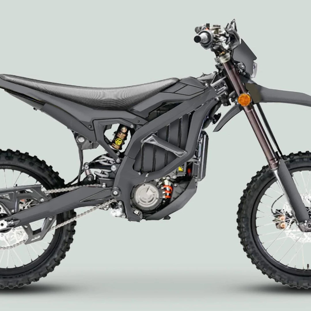 Surron Ultra Bee Graphics Kit SOLID COLOR GREY on electric dirt-bike, highlighting tubular frame, knobby wheels, and battery/motor area for a sleek, modern look.